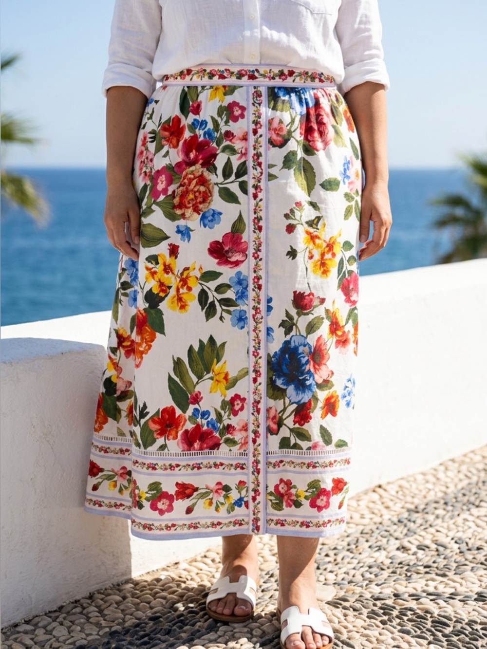 Under Skies Floral Midi Skirt - White with Red, Blue, Yellow & Green Flowers